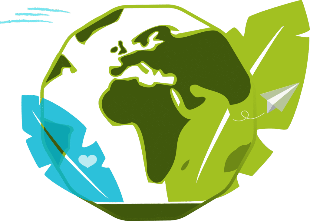 -illustration type de la planete terre entourée de deux feuille d'arbre, qui fait reference à la culture de la prise en compte des intérêts de la durabilité. -typical illustration of the planet Earth surrounded by two tree leaves, which refers to the company culture of taking into account sustainability concerns.
