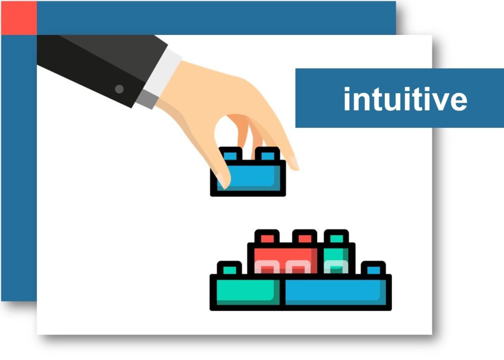 Typical illustration of a man's hands in a suit manipulating a Lego set, which refers to the intuitive way of working on complex subjects.