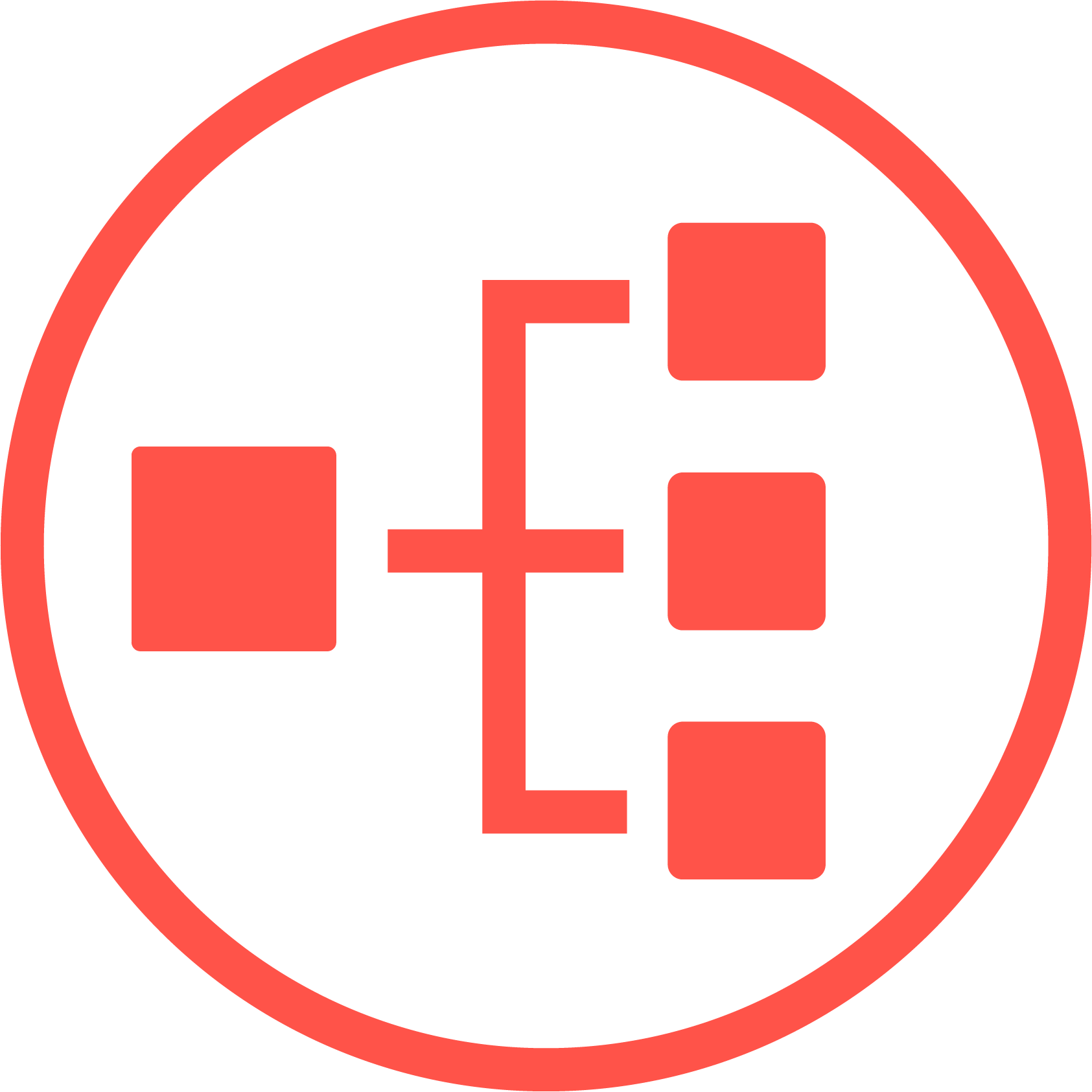 -Pictogramme d'un carrés parent qui donne trois carrés enfants, qui fait reference à la nomenclature d'un Produit industriel. -Pictogram of a parent square which gives three child squares, which refers to the Bill Of Material of an industrial product.