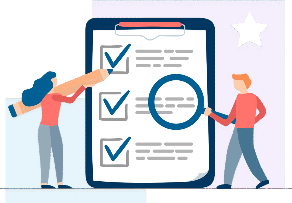 -illustration type par un dessin d'homme et femme en train de passer en revue une checklist, qui fait reference à la politique qualité de l'entreprise. -typical illustration by a drawing of a man and a woman reviewing a checklist, which refers to the company quality Policy.