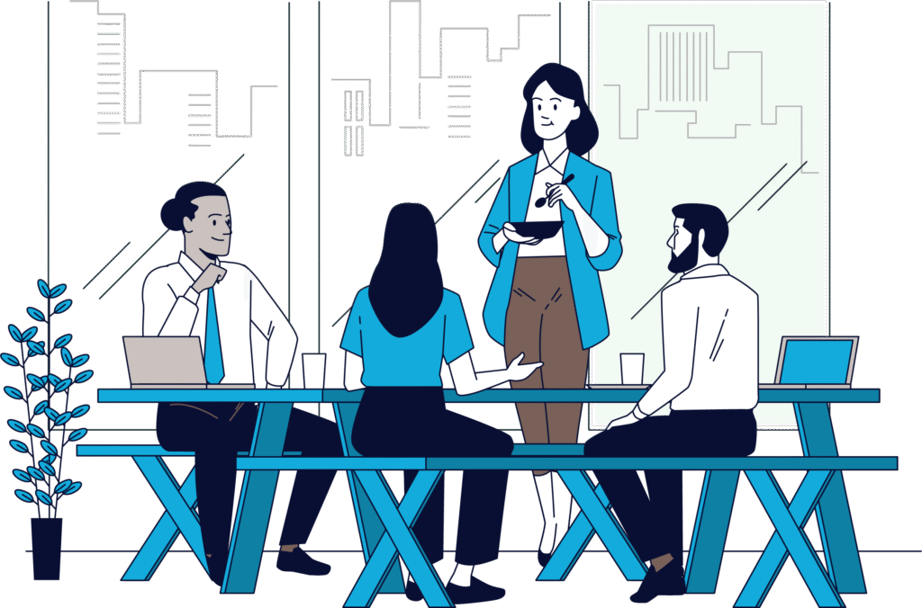 -illustration type par un dessin de vue de face de 2 femmes et 2 hommes en discussion dans un espace de convivialité, qui fait reference à l'orientation client de l'entreprise. -typical illustration by a front view drawing of 2 women and 2 men having discussion in a convivial space, which refers to the customer orientation of the company.